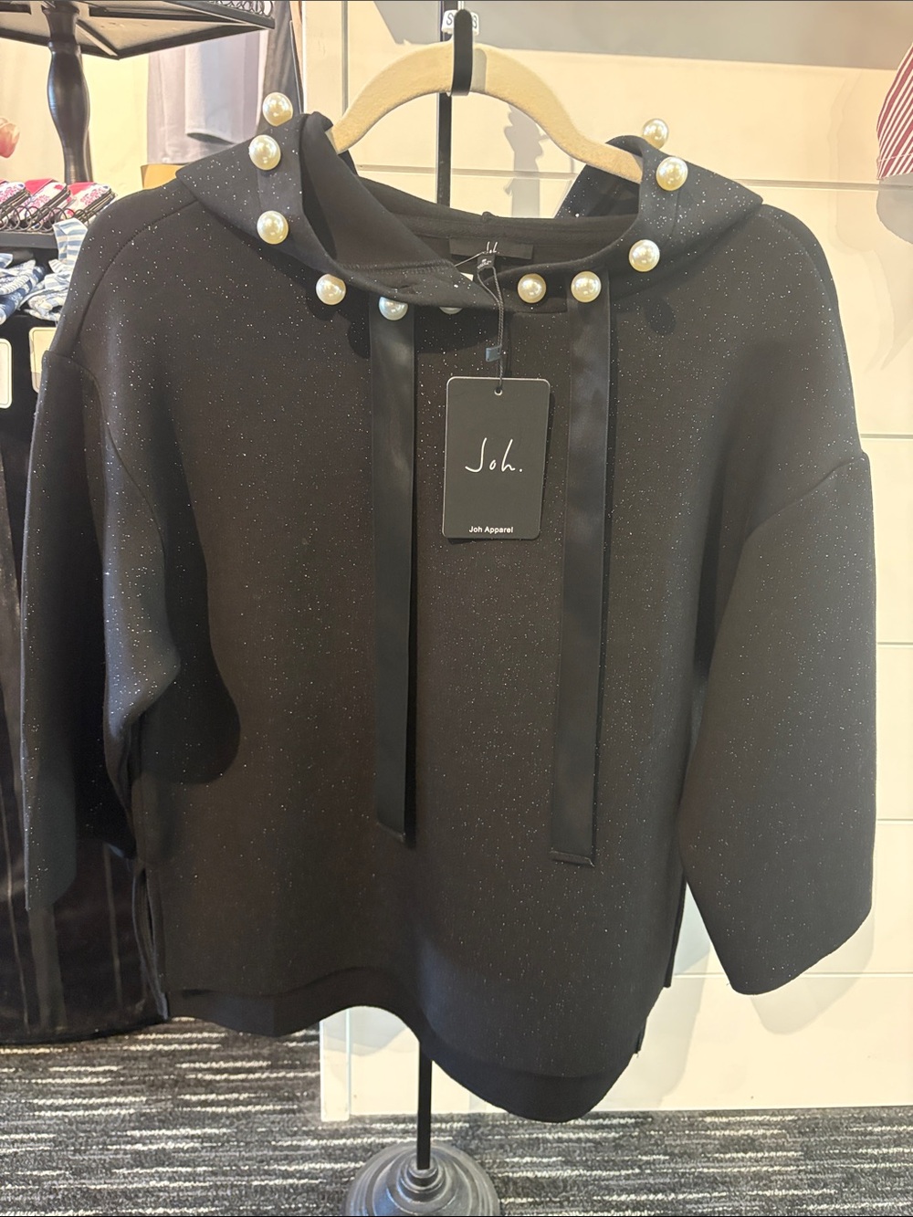 Pearl-Trim Black Sparkle Hoodie